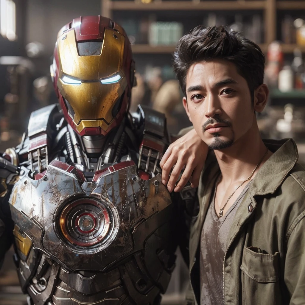gambarkan 3d hyper realistik pria asia ,usia 25 tahun rambut short and spiky di sebuah bengkel dengan kostum iron man.4K, ultra HD, fotografi,cinematic, ultra realistik