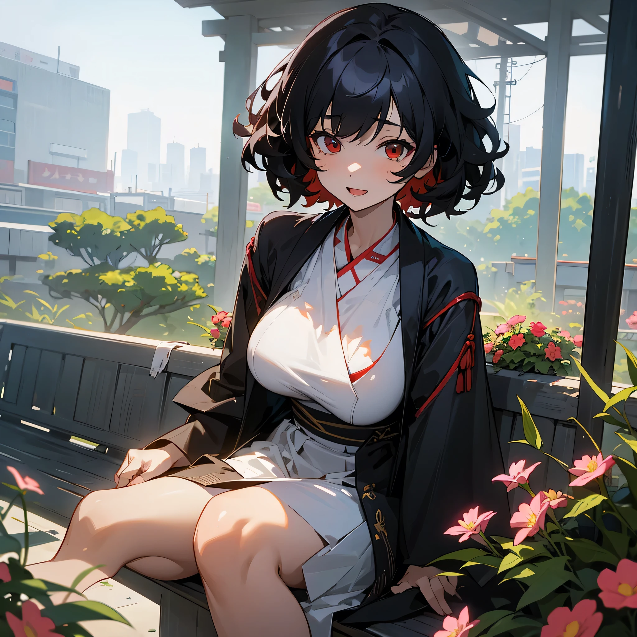 1female, adult, sexy, big breast, finely detailed red eyes, curly short hair, black hair color, open yukata, standing on ruined building, day time, excited expression, sitting on bench, flowers, tokyo streets