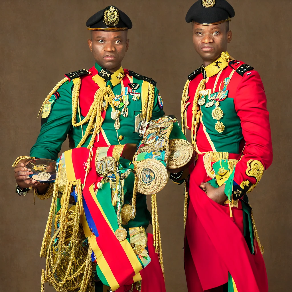 man in uniform holding a medal , Prince Adebanji, portrait n - 9, [ digital art, portrait de cérémonie, un sang-froid militaire impeccable, academy director, colored, General oligui, photographie de portrait en couleur,