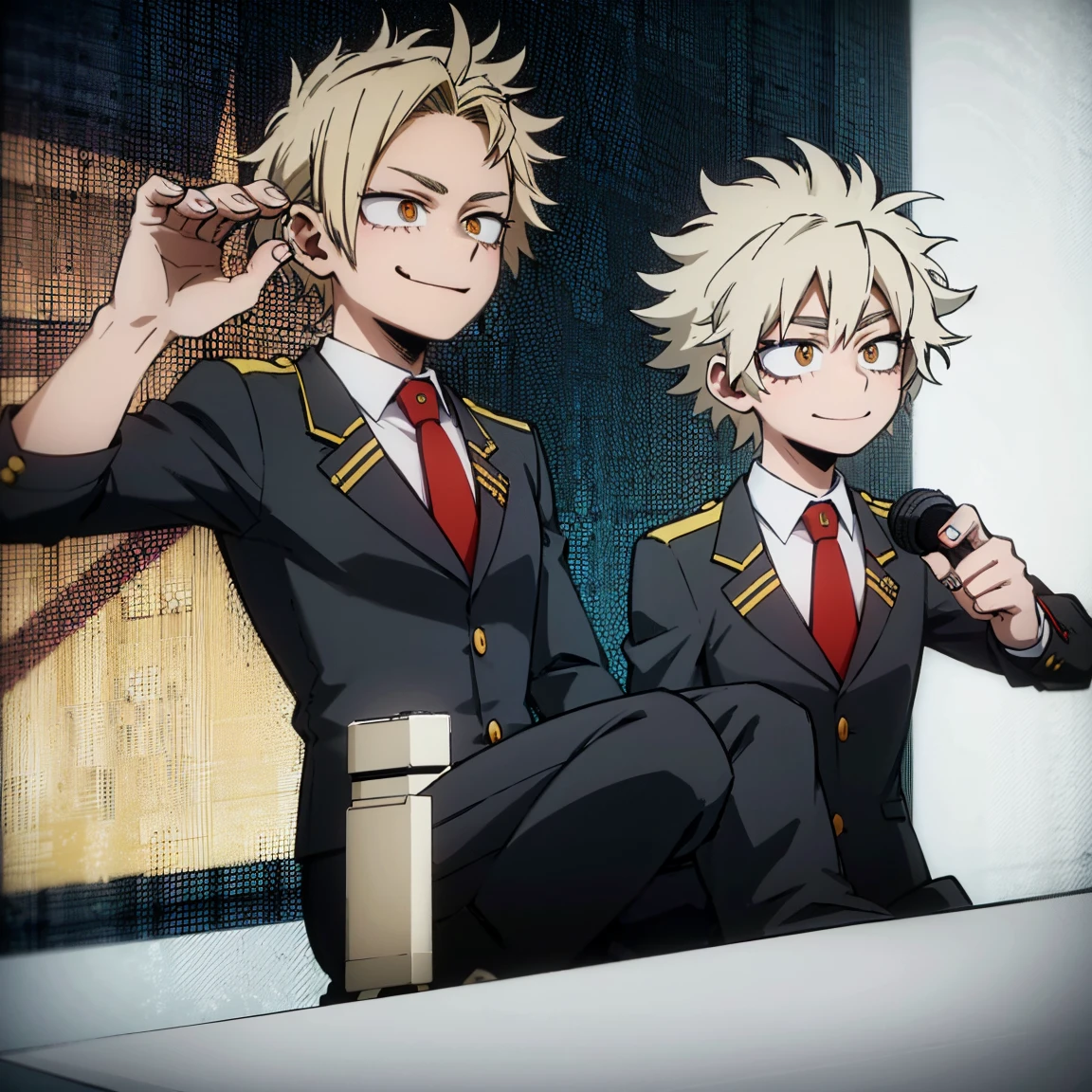 1boy, male focus, boku no hero academia, masterpiece, best quality, very aesthetic, absurdres, short spiky hair, blonde hair, orange eyes, smile, gray jacket, red tie, white shirt, teal pants, boots 
