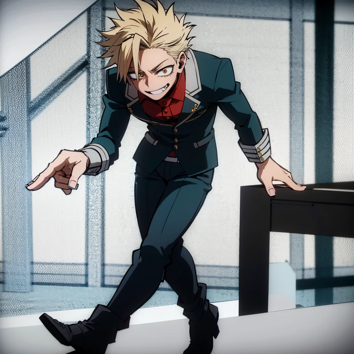 1boy, male focus, boku no hero academia, masterpiece, best quality, very aesthetic, absurdres, short spiky hair, blonde hair, orange eyes, smile, gray jacket, red tie, white shirt, teal pants, boots 