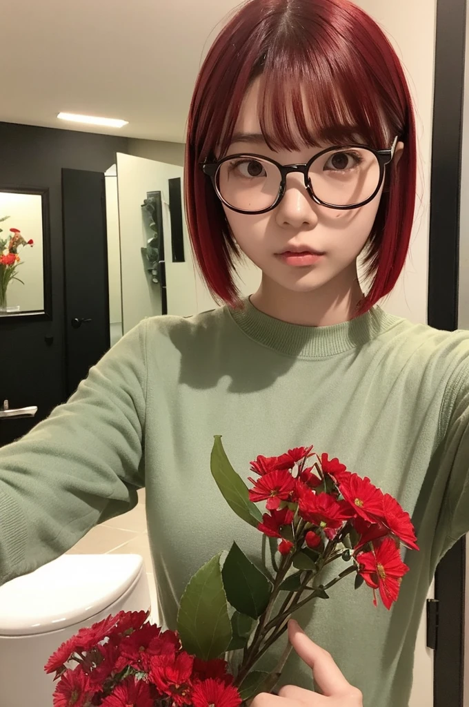 14 year old teenager japanese girl wearing glasses with short VERY BRIGHT RED HAIR haired bob with bangs straight face holding flowers medium quality in a bathroom looking at the mirror while taking a selfie with her phone imperfect skin wearing a black kpop outfit