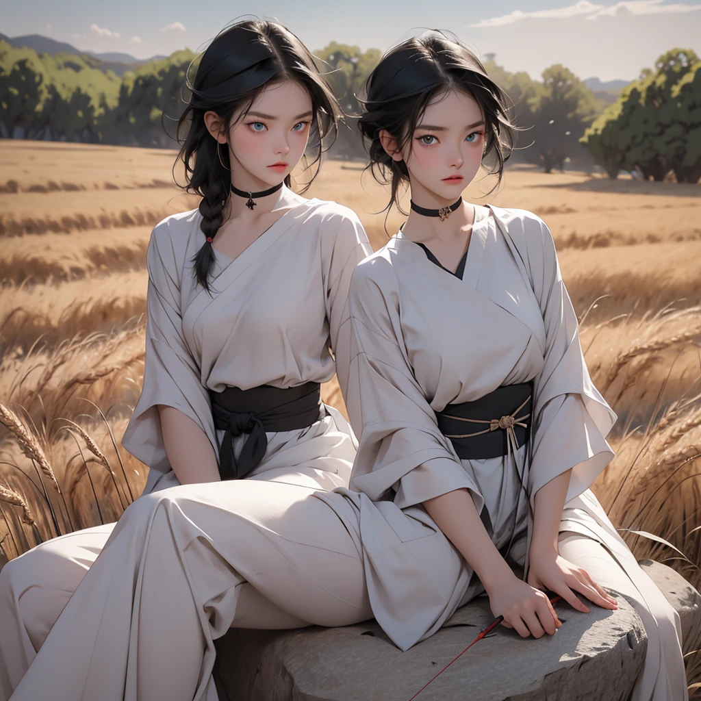 1girl, short black hair, blue eyes, sexy traditional archery clothes, choker, sitting on the rock, wide wheat field, angry face, 8K, Hi-Res
