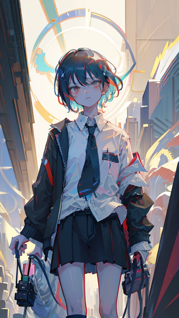 masterpiece, best quality, very aesthetic, absurdres by sadamoto yoshiyuki, 1girl, aged up walking in the alley short hair black suit white collar shirt wind perspective from below cyberpunk, neon