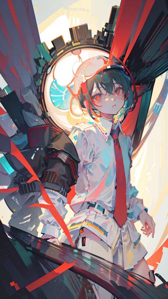 masterpiece, best quality, very aesthetic, absurdres by sadamoto yoshiyuki, 1girl, aged up walking in the alley short hair black suit white collar shirt wind perspective from below cyberpunk, neon