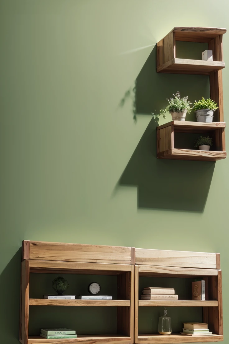 Wooden shelf and green wall, HD 4k 