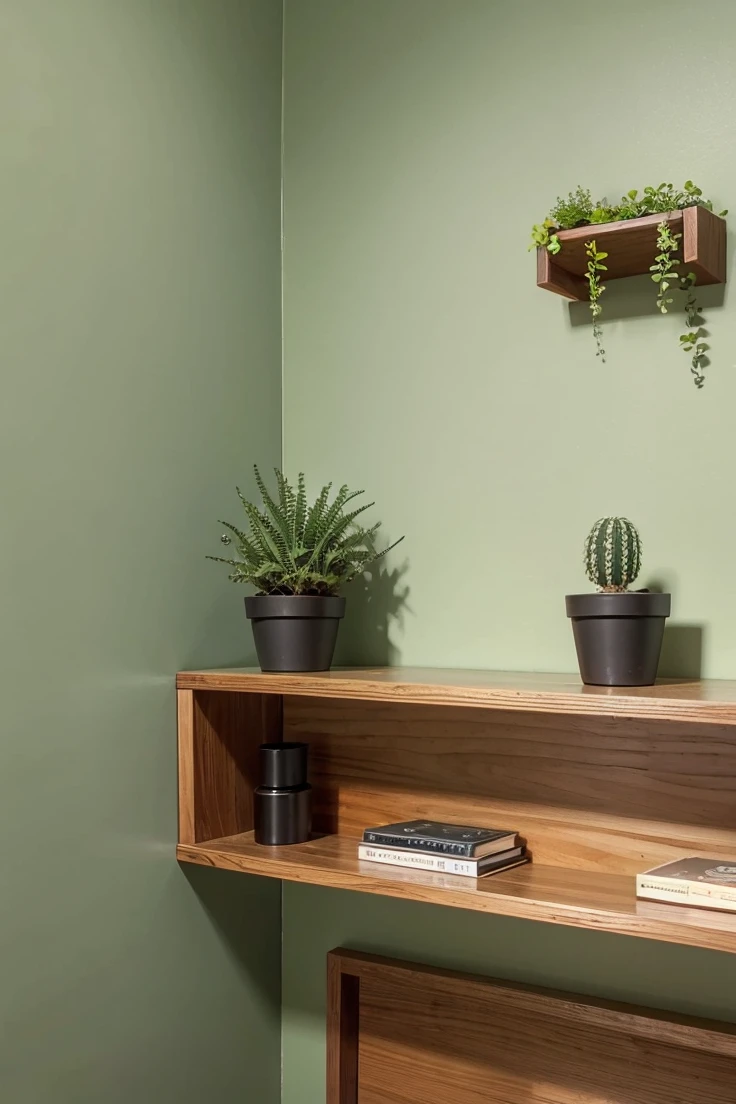 Wooden shelf and green wall, HD 4k