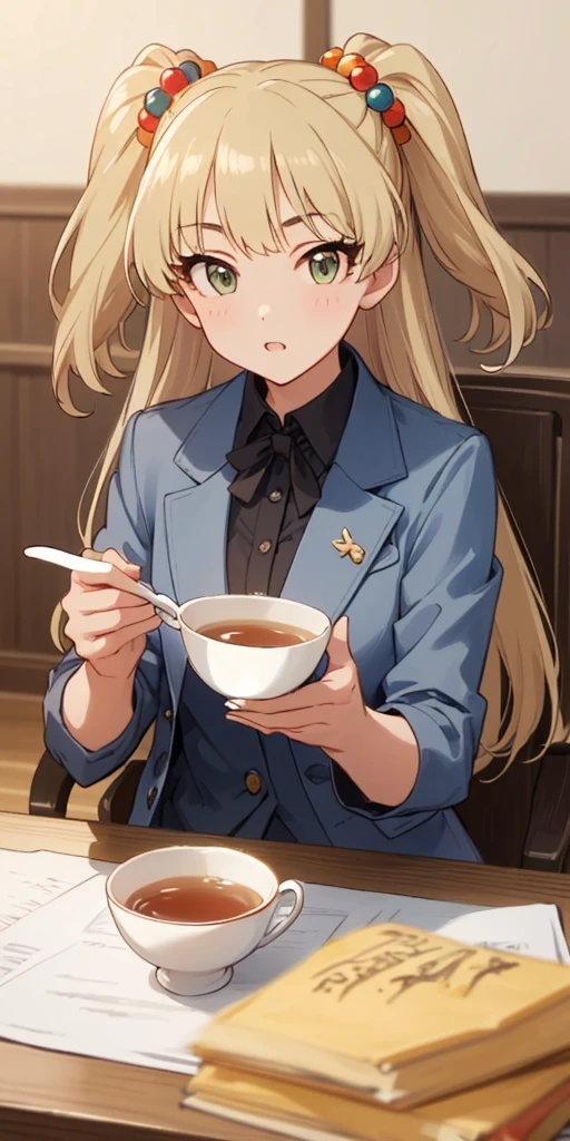 (masterpiece), best quality, (((ultra detailed, 8k quality))), expressive eyes, perfect face, perfect anatomy, perfect body, scene, aarika, long hair, two side up, hair bobbles, small breasts, business suit, upperbody, looking the viewer, sitting, holding tea, looking at the viewer, indoor,