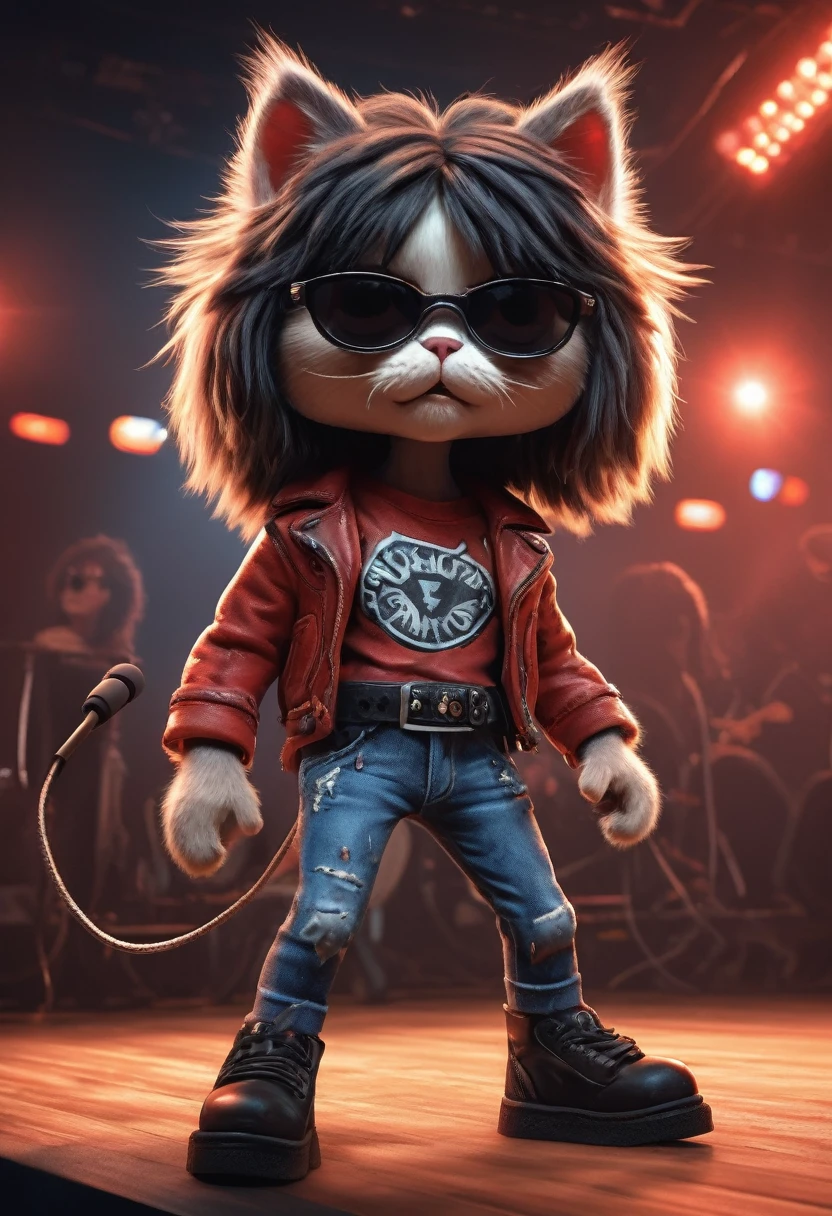 A anthropomorphic kitten fluffy cartoon digital painting 3d realistic with very long hair black with bangs, cover band Ramones, Joey Ramone singing with microphone in hand (black sunglasses with oval lenses red) digital painting 3d cosplay Ramones pants jeans, All Star shoes in the background concert stage with several lights blue, isometric view, Cinematic, Hyperrealistic, Backlit, Extremely low angle, Highly detailed, scaled down, Unrealistic rendering, 16K