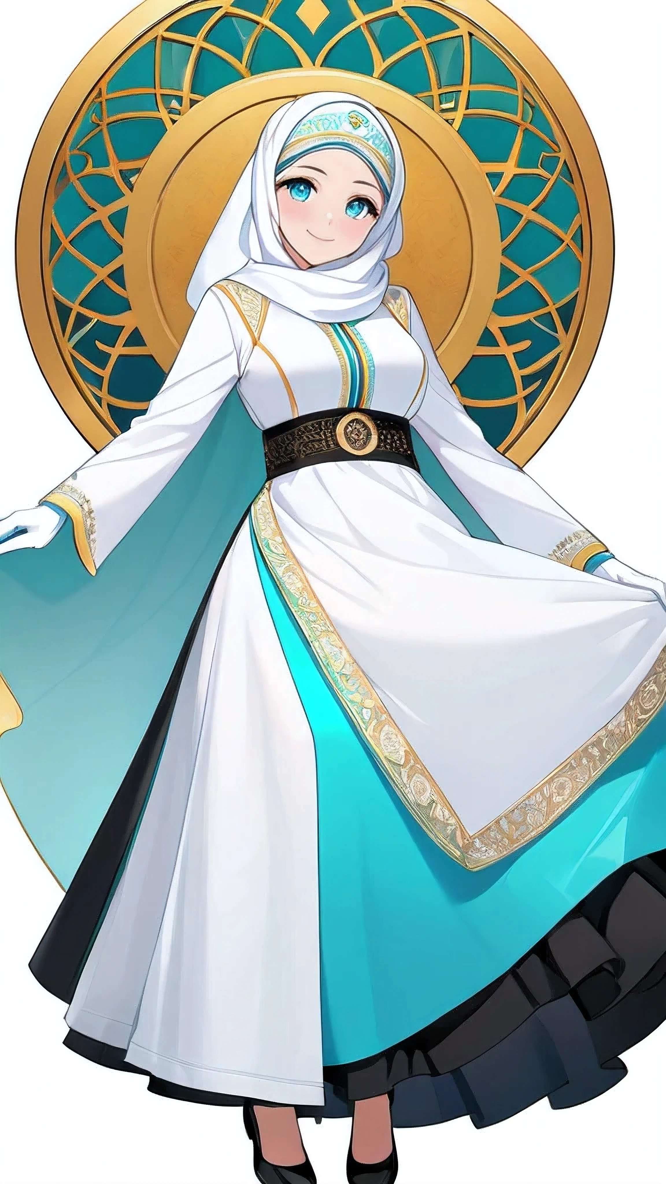 High-resolution anime digital art, Masterpiece, Mature, Humble, Kind, Smart, pupil Aqua blue eyes, wearing white hijab, Wearing long cyan dress, Women's white fabric gloves, female black shoes, happy face, vivid colours, anime style, white background gold circle Arabic Islam style,