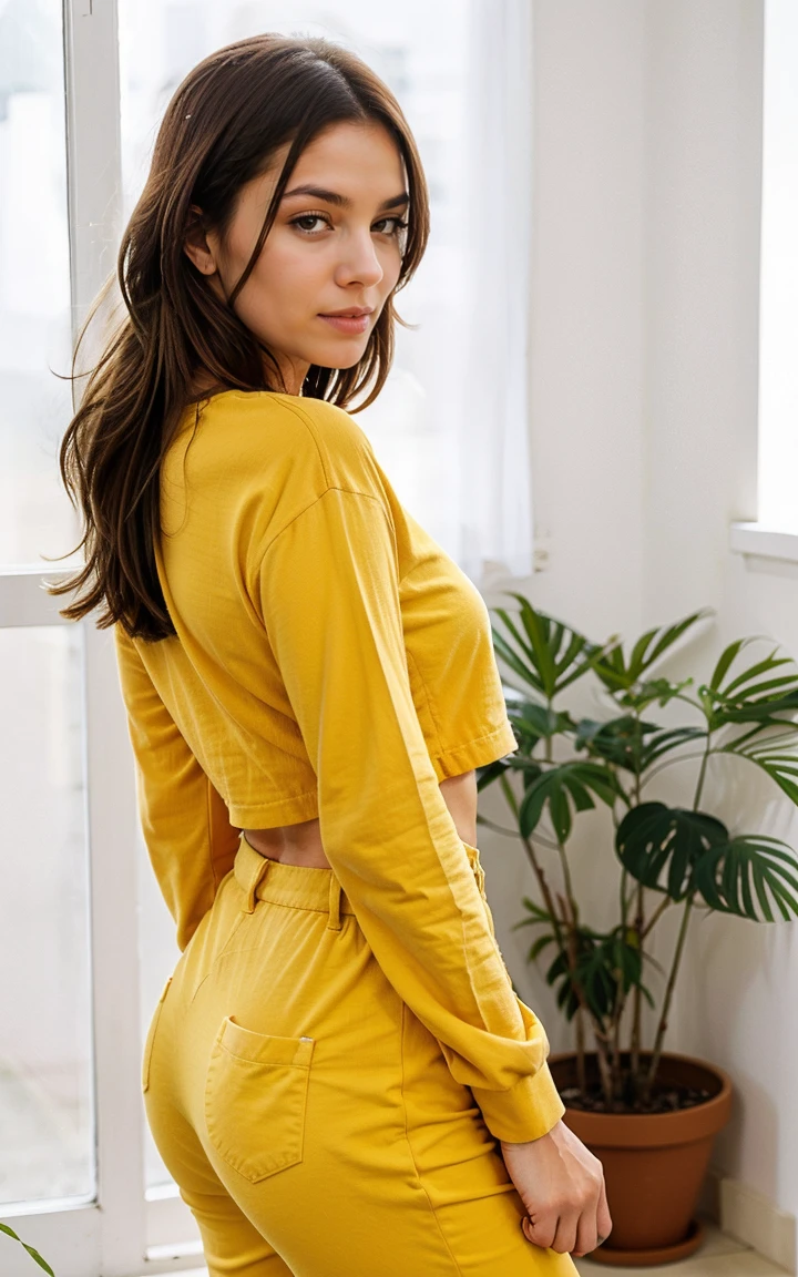 Make brune Amanda this same pose wearing an identical outfit in an identical setting, cabelo loiro