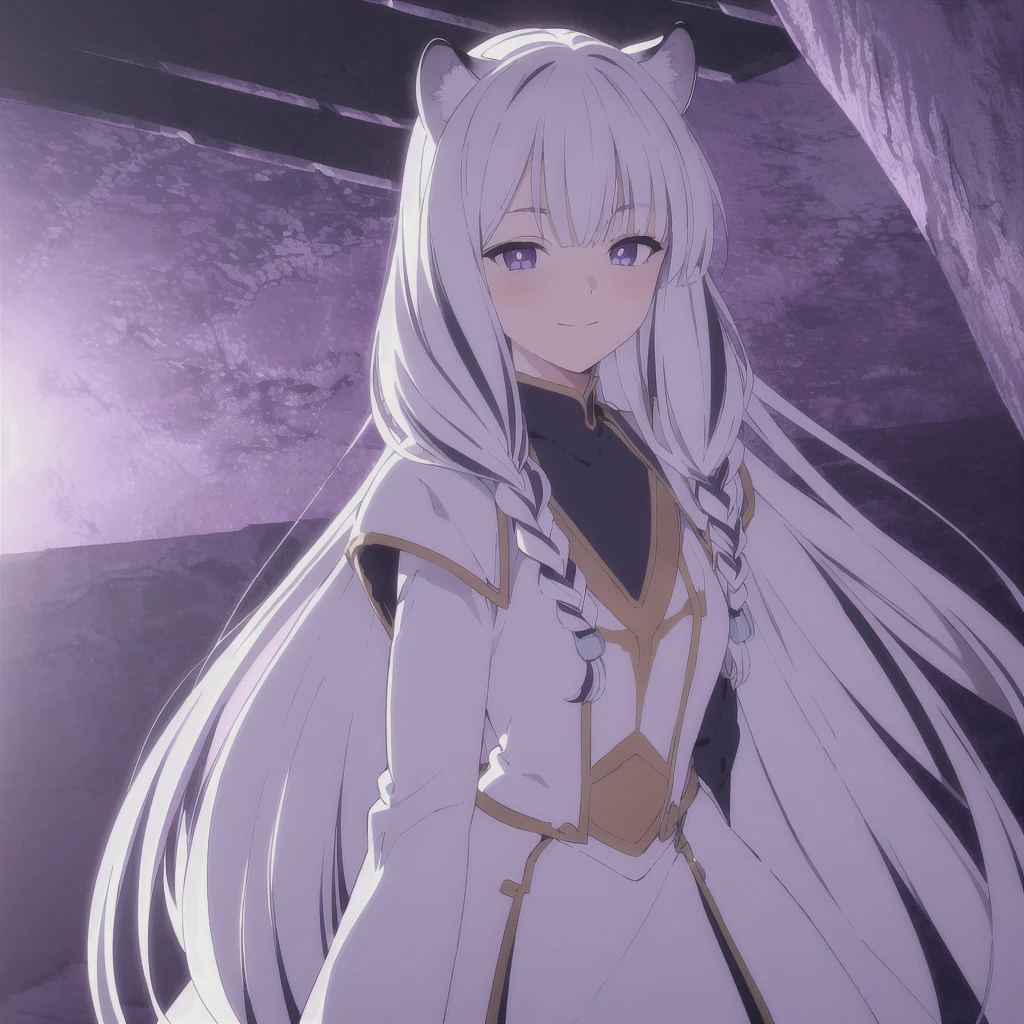 ((masterpiece)), (best quality), (ultra-detailed), photorealistic, (best illustration), ((an extremely delicate and beautiful)), 1girl, solo, long hair, tiger ears, [:tiger tail under:0.2], white hair, two-tone hair, full body, knight armor, crimson glowing details on armor, amulet on neck, Bracelets, crimson crystals in Bracelets, long lilac cape, open eyes, evil purple eyes, looking at viewer, malicious smile, blush, in space, goddess, low twin braids, loosen hair, quiet gesture, white armor, cybernetic armor, hyper detailed space,best illumination, low mask, mouth covered with mask. 