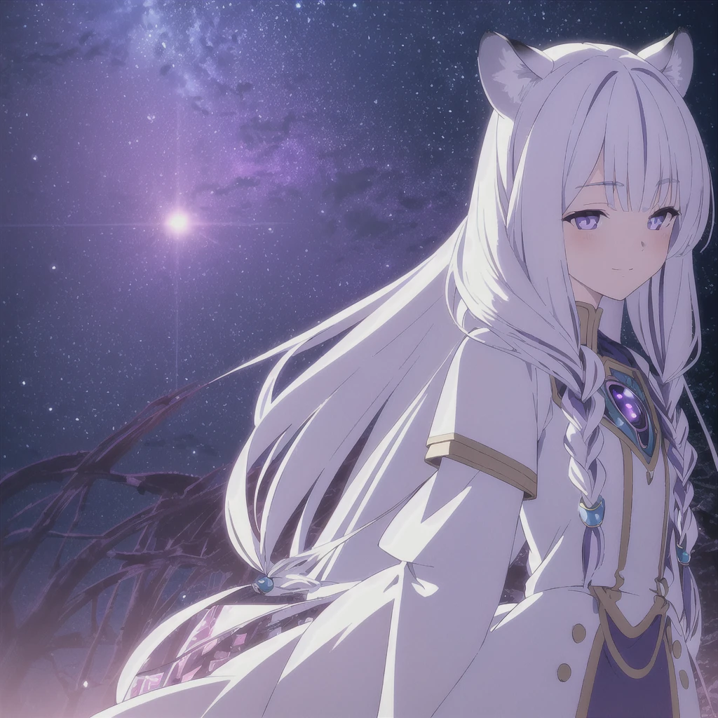 ((masterpiece)), (best quality), (ultra-detailed), photorealistic, (best illustration), ((an extremely delicate and beautiful)), 1girl, solo, long hair, tiger ears, [:tiger tail under:0.2], white hair, two-tone hair, full body, knight armor, crimson glowing details on armor, amulet on neck, Bracelets, crimson crystals in Bracelets, long lilac cape, open eyes, evil purple eyes, looking at viewer, malicious smile, blush, in space, goddess, low twin braids, loosen hair, quiet gesture, white armor, cybernetic armor, hyper detailed space,best illumination, low mask, mouth covered with mask. 