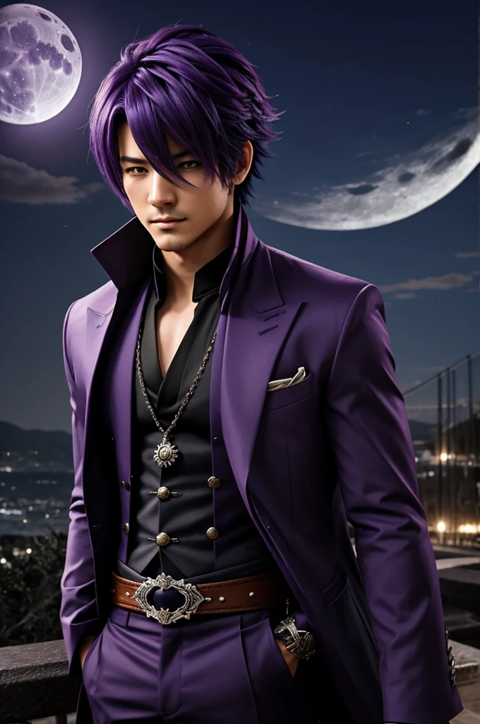 Create a character that would be called Kaito, con el cabello color morado oscuro y un estilo de vestimenta elegante pero misterioso, con capas y tonos oscuros. Siempre llevas contigo un colgante en forma de luna creciente.🌙