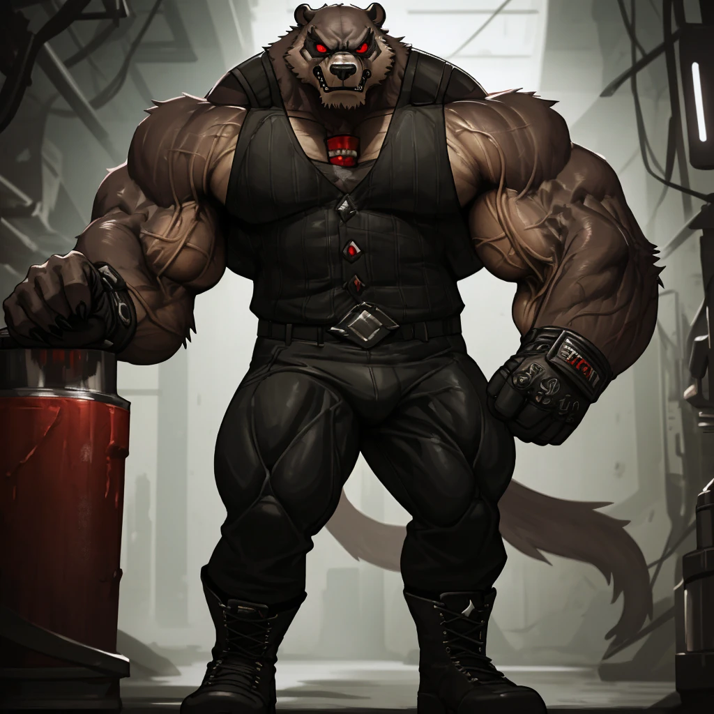 a huge muscular old grizzly bear, bane from batman, extremely detailed, hyper realistic, 8k, photorealistic, ultra detailed, extremely sharp focus, intricate details, cinematic lighting, dramatic shadows, powerful presence, black leathered mask, fierce expression, veins popping, huge muscles, black tank top, black tight pants, boots, venom tank extracting tube, thick fur, gloves and wristbands, sharp claws, intense red eyes