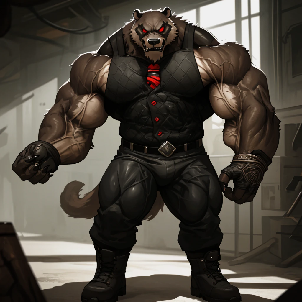 a huge muscular old grizzly bear, bane from batman, extremely detailed, hyper realistic, 8k, photorealistic, ultra detailed, extremely sharp focus, intricate details, cinematic lighting, dramatic shadows, powerful presence, black leathered mask, fierce expression, veins popping, huge muscles, black tank top, black tight pants, boots, venom tank extracting tube, thick fur, gloves and wristbands, sharp claws, intense red eyes