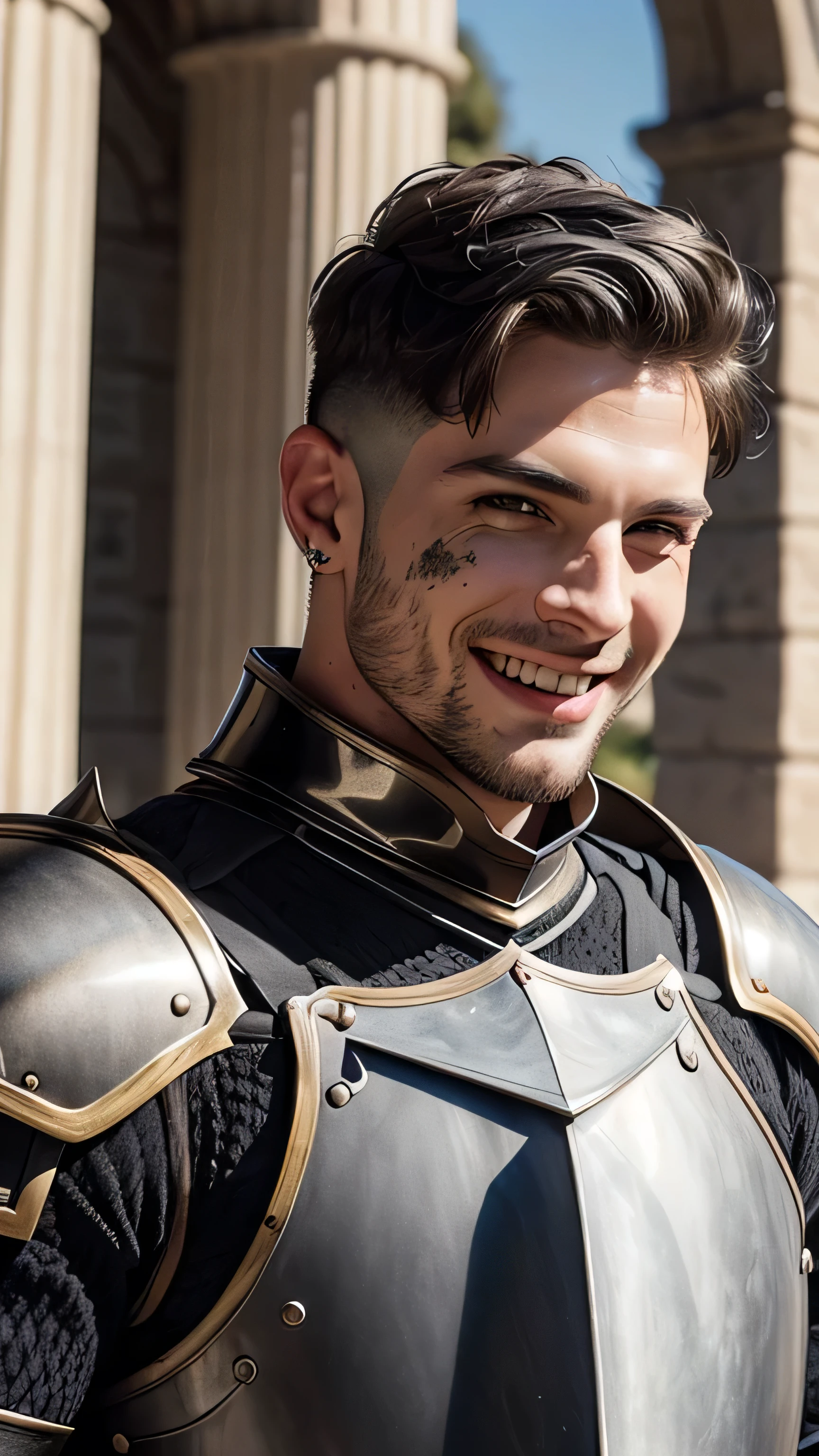 ((melhor qualidade: 1.5)) ((Obra de arte: 0.8)), Detalhes intrincados, sharp focus, profissional, fotorrealista, Vida real, realistic representation of the face, ((((Sozinho, macho) muscular (sorridente, Joyful expression)))) dynamic action pose, cara caseira, in the style of realistic and hyper-detailed renderings, ar livre, Castelo, courtyard, pilar, Sozinho, QUEBRAR; QUEBRAR ((((cabelo curto com corte inferior, [cabelo escuro:cabelo grisalho:0.2])))), (((defeito: 1.4))), ((Fujicolor)), QUEBRAR; QUEBRAR ((((futuristic macho man masculine paladin, ((armadura preta lacada:1.4, peitoral, arma, cavaleiro, ((idade 50 anos)) envelhecido, lado:0.8, (velho))), fotorrealista, hiper-realista))))