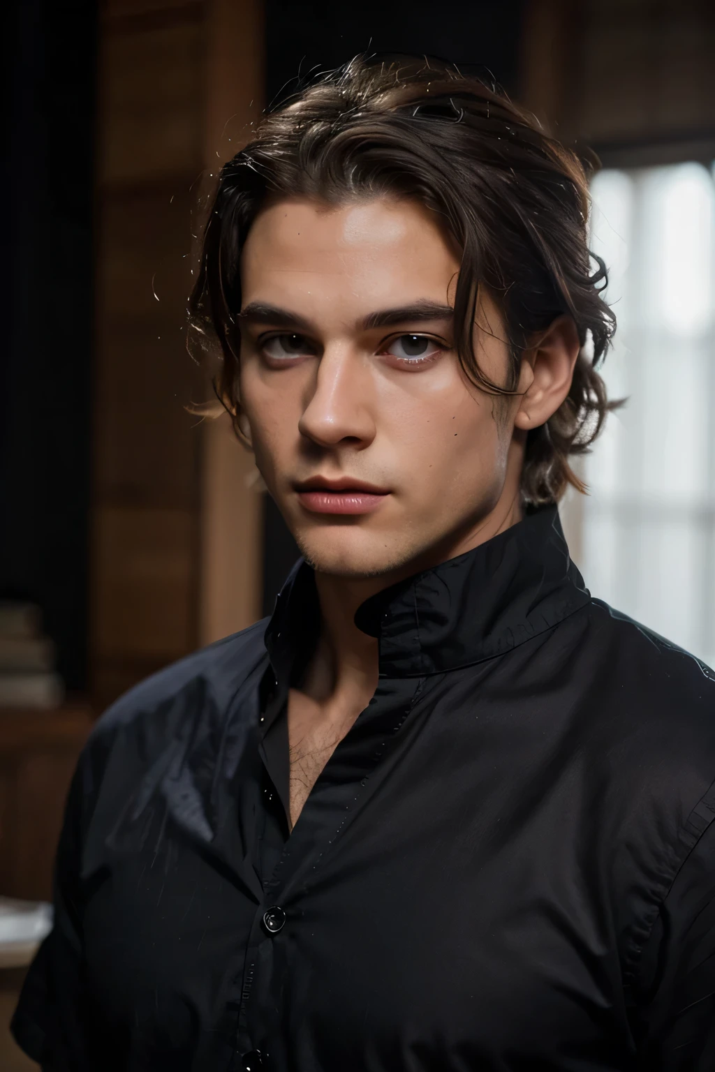 Generate a white MAN with dark wild hair and blue eyes with a dark thick lashes. Give him thin long greek nose and, a sharp jawline and athletic body. Make him look mysterious and confident. Dress him full black with a shirt