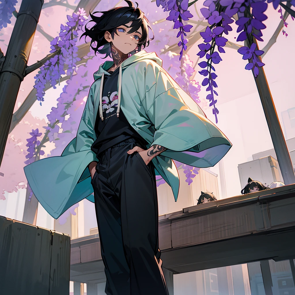 1male, adult, finely detailed wisteria eyes, wild medium hair, black hair color, hoodie, baggy pants, standing on building, day time, tokyo streets, calm expression, muscular, tattoos
