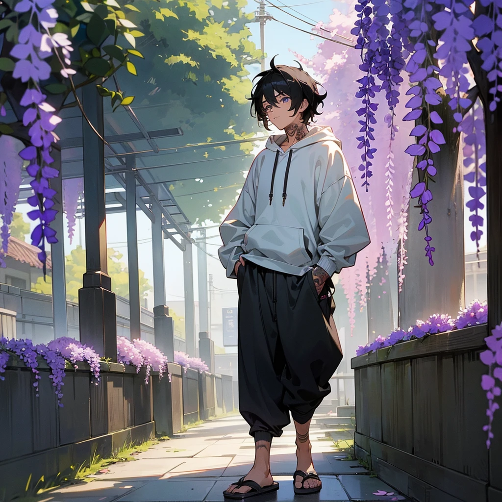 1male, adult, finely detailed wisteria eyes, wild medium hair, black hair color, hoodie, baggy pants, standing on building, day time, tokyo streets, calm expression, muscular, tattoos