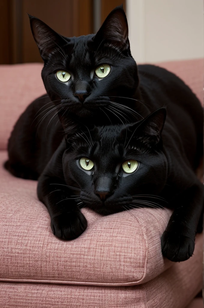 un gato  con ojos amarillos con vestido rosa