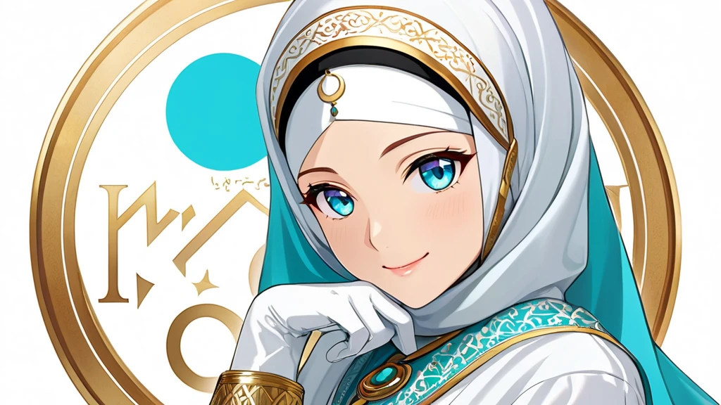 High-resolution anime digital art, Masterpiece, Mature, Humble, Kind, Smart, pupil Aqua blue eyes, wearing white hijab, Wearing long cyan dress, Women's white fabric gloves, female black shoes, happy face, vivid colours, anime style, white background gold circle Arabic Islam style,