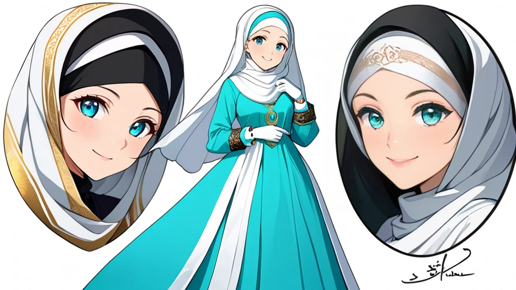 High-resolution anime digital art, Masterpiece, Mature, Humble, Kind, Smart, pupil Aqua blue eyes, wearing white hijab, Wearing long cyan dress, Women's white fabric gloves, female black shoes, happy face, vivid colours, anime style, white background gold circle Arabic Islam style,