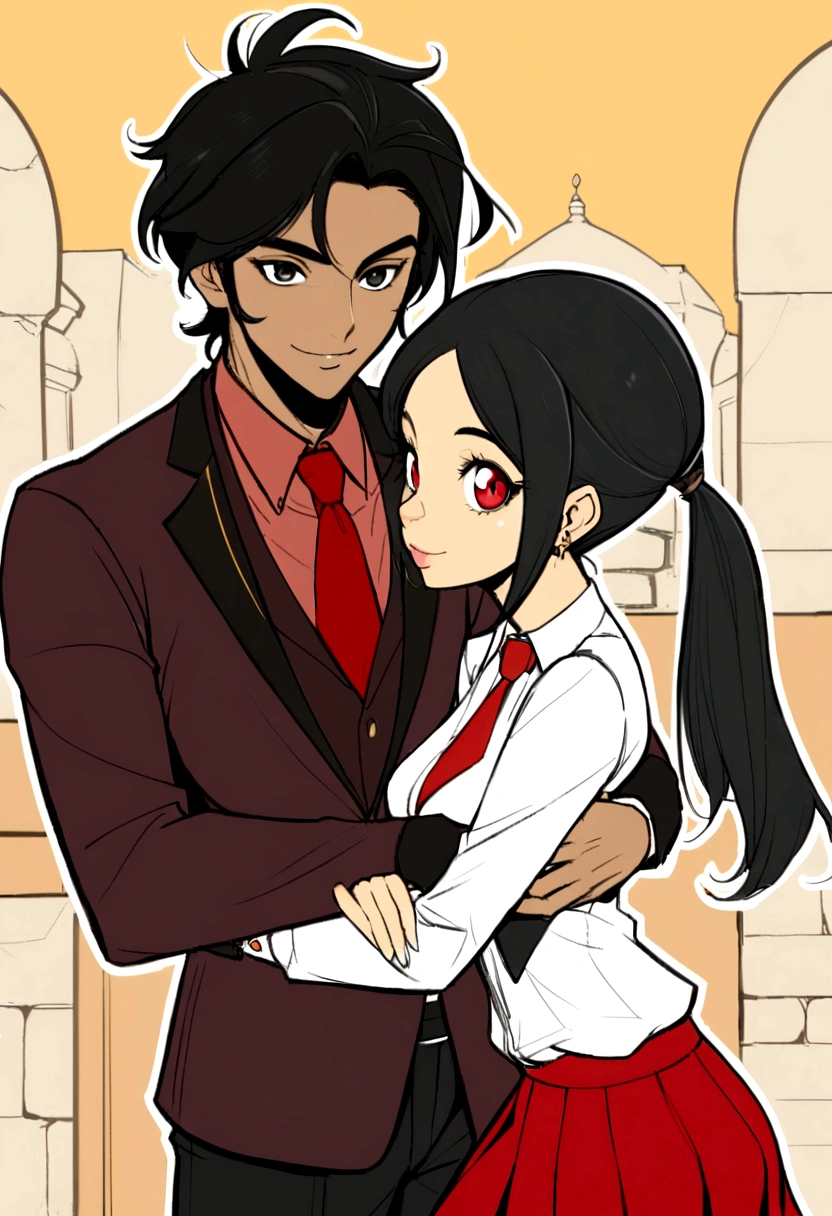 Chica de pelo suelto de color negro con rojo, piel medio morena, ojos cafes, red skirt and white shirt with red tie who is hugging and smiling with a black-haired boy with a small ponytail and medium-dark skin, ojos cafes,black pants with red tie,que los dos sean hermanos 