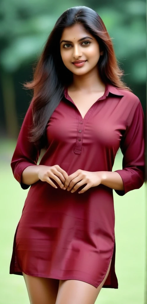 a naturist malayali female supermodel, wearing a short dark red kurti without pants no wearing pants bottomless show hairy pussy, adult, 20-year-old, (cute pretty beautiful face), ((beautiful eyes)), ((beautiful nose)), ((beautiful lips)), very long hair, (((beautiful legs))), artgerm style, artstation style, full perspective, full-length portrait, full body shot, head-to-toe shot, 8K
