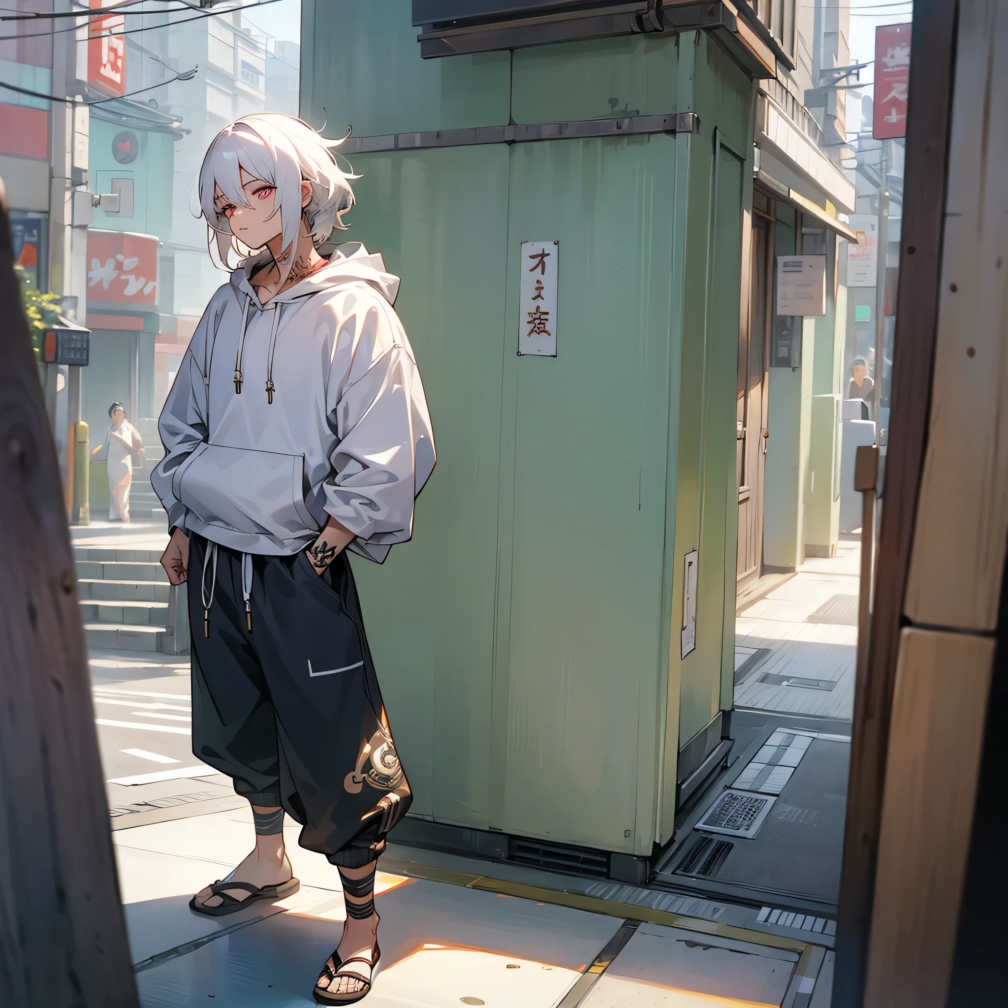 1male, adult, finely detailed plum eyes, wild medium hair, seashell white hair color, hoodie, baggy pants, standing on building, day time, tokyo streets, calm expression, muscular, tattoos