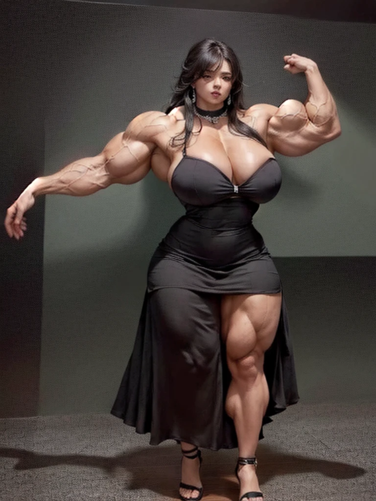 arafa woman posing in a black dress and high heels with a watch in the background, muito bonito. big muscles, exaggeratedly large physique, huge muscles, huge muscles, garota musculosa, mulher muscular, big muscles, big muscles, feminine and muscular, poderoso e enorme, forte e imponente, big muscle, exaggerated physique, musculoso e assustador, rosto bonito, extremamente bonita, muito linda, imagem 4k, high resolution,