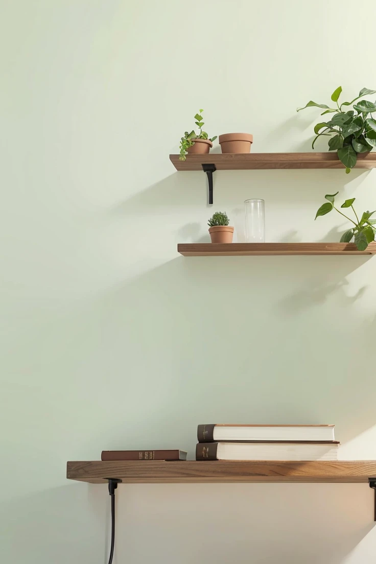 Wooden shelf and green wall, HD 4k