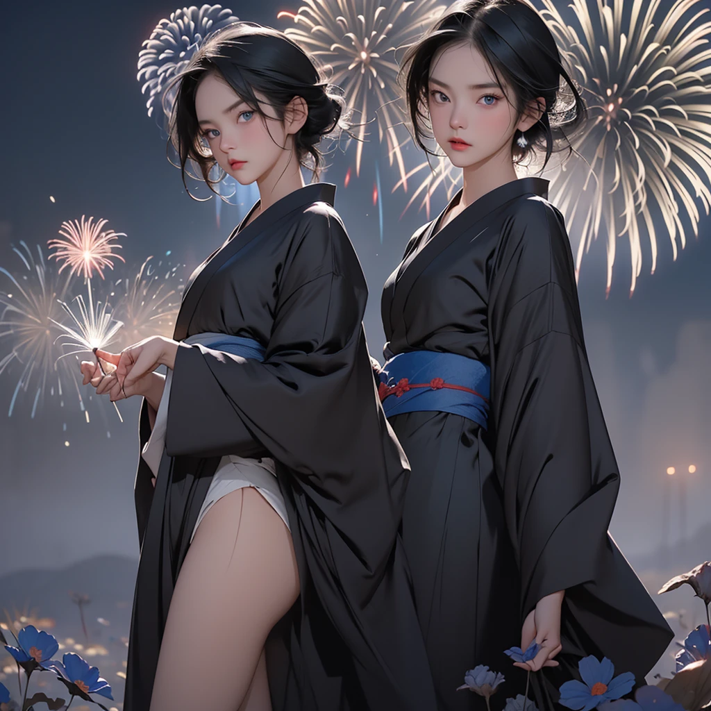 1girl, short black hair, blue eyes, wearing sexy black kimono dress, watching fireworks in the middle of a vast blue flower field, night, angry face, close up, 8K, Hi-Res
