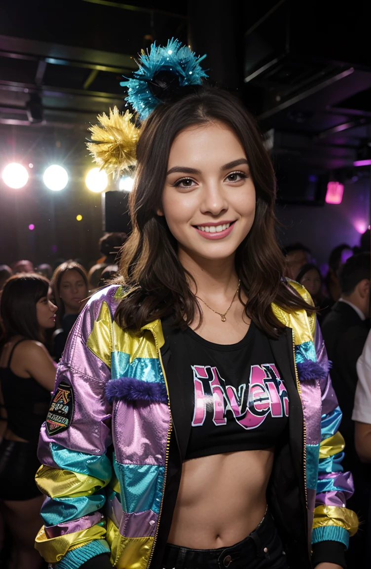 A GIRL IN A CLUB WEARING A Fever Tinsel Festival Jacket, Rainbow,LOOKS HAPPY