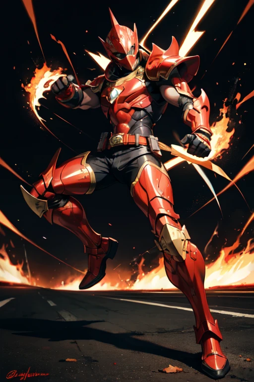 ((best quality)), ((masterpiece)), (detailed), 1 man, full body, 30s, black masks, red helmet that covers his entire head, fire helmet, helmet with a flashlight on his forehead, black collar, tall and muscular, very large, red armor, transparent electricity tubes on his chest, large red gloves, red wristbands, red suit, fist emblem with lightning bolts on his chest, fist, red pants, black knee pads, metallic red boots, superhero belt, lightning bolts in the air, hitting the track, lightning bolts come out, night city background, anime