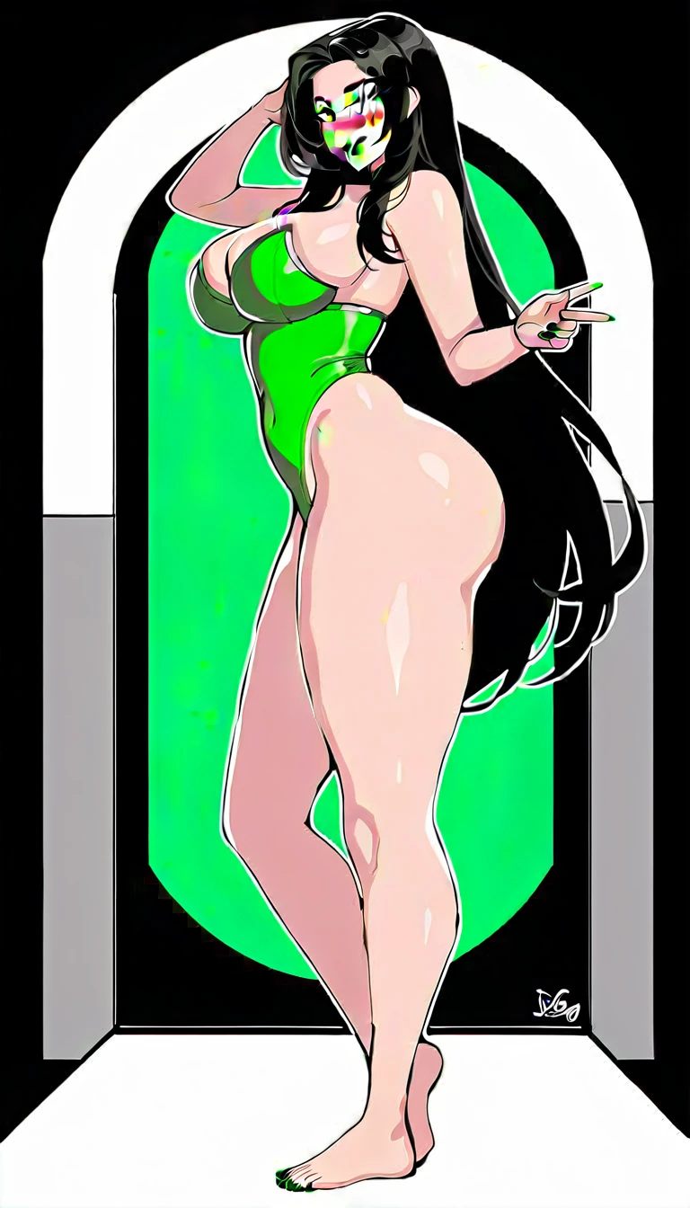 (((highly detailed))), (((high quality))), (((masterpiece))), (((beautiful))), (((full shot, back side view))), (((emily the emerald engine))), (((thomas the tank engine))), (((hella_p))), locomotive humanoid, athletic female, (((5 fingers))), (((5 toes))), big butt, large ass, (((white body, white skin))), emerald green nails, emerald green eyes, emerald green lipstick, eyelashes, eyeliner, black hair, (((light skin))), (((black eyebrowns))), (((thin eyebrowns))), very long hair, (((ass length hair))), Ironed hair, hair on the forehead, bubble ass, (((busty))), butt, (((emerald green highleg one pice swimsuit with gold strip))), (((cleavage))), (((feet detail))), fingers, humanoid feet, humanoid hands, (((horny face))), in love to the viewer, large bum, looking at viewer, nails, partially visible vulva, (((protective mother countenance))), pose, (((standing))), sensual eye, bedroom eyes, sensual body, smile, soles, soft soles, arched soles, tiptoes, feet blush, (((sole blush))), solo, sheap space, lying up, feet up, thick thighs, thighs together, toes, (((voluptuous))), large thigs, (((high thighs))), (((high hips))), wide hips, curvy figure, curvaceous, absurd res, hi res, signature, in a spaceship next to a large window space