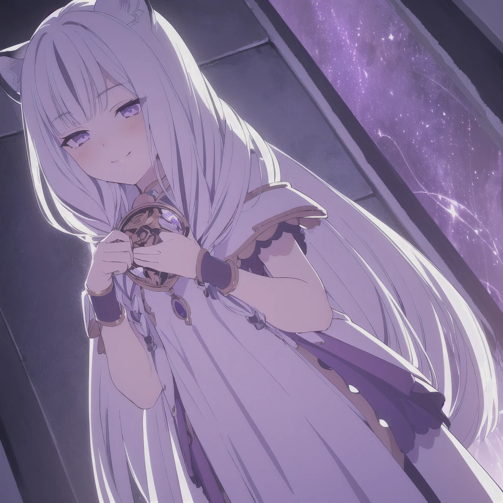 ((masterpiece)), (best quality), (ultra-detailed), photorealistic, (best illustration), ((an extremely delicate and beautiful)), 1girl, solo, long hair, tiger ears, [:tiger tail under:0.2], white hair, two-tone hair, full body, knight armor, crimson glowing details on armor, amulet on neck, Bracelets, crimson crystals in Bracelets, long lilac cape, open eyes, evil purple eyes, looking at viewer, malicious smile, blush, in space, goddess, low twin braids, loosen hair, quiet gesture, white armor, cybernetic armor, hyper detailed space,best illumination, low mask, mouth covered with mask. 
