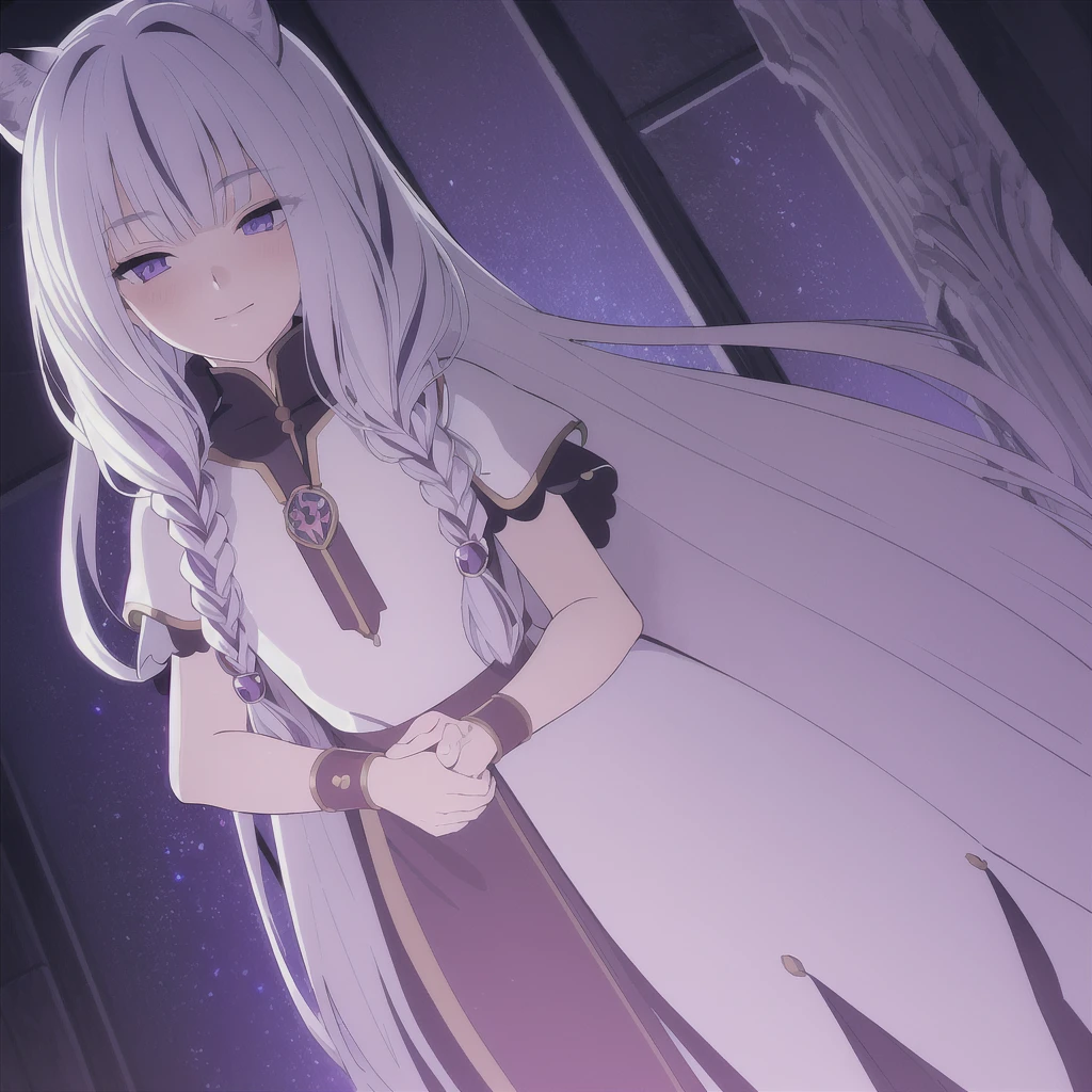 ((masterpiece)), (best quality), (ultra-detailed), photorealistic, (best illustration), ((an extremely delicate and beautiful)), 1girl, solo, long hair, tiger ears, [:tiger tail under:0.2], white hair, two-tone hair, full body, knight armor, crimson glowing details on armor, amulet on neck, Bracelets, crimson crystals in Bracelets, long lilac cape, open eyes, evil purple eyes, looking at viewer, malicious smile, blush, in space, goddess, low twin braids, loosen hair, quiet gesture, white armor, cybernetic armor, hyper detailed space,best illumination, low mask, mouth covered with mask. 