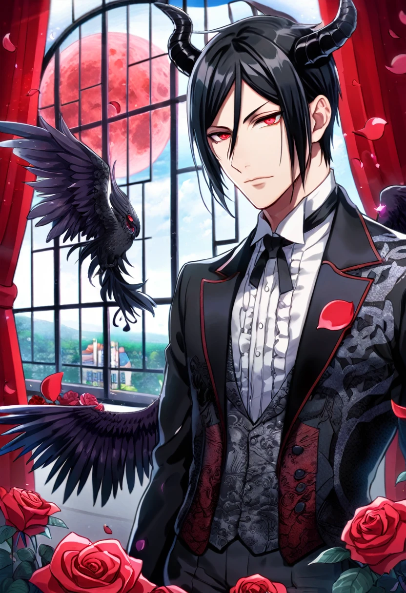 Ultra detailed, Highres, absurdres, HDR, Sebastian Michaelis, black hair, expressive red eyes, black coat with patterns, Kuroshitsuji, white shirt, fantasy, red curtains, petals, handsome, sexy man, solo, very detailed eyes and face, master piece, black pants, mansion, window, red moon, Black Butler, black demon horns, black wings, magical, red roses, black feathers