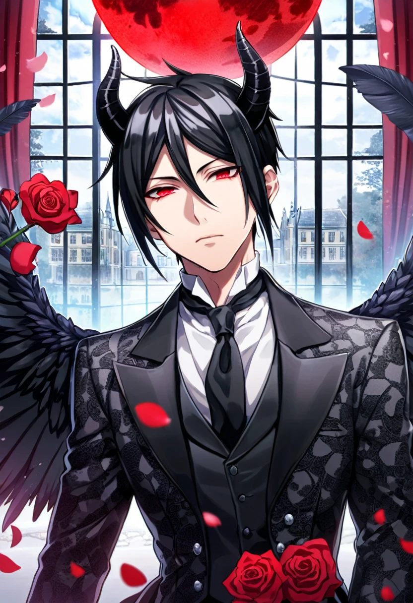 Ultra detailed, Highres, absurdres, HDR, Sebastian Michaelis, black hair, expressive red eyes, black coat with patterns, Kuroshitsuji, white shirt, fantasy, red curtains, petals, handsome, sexy man, solo, very detailed eyes and face, master piece, black pants, mansion, window, red moon, Black Butler, black demon horns, black wings, magical, red roses, black feathers