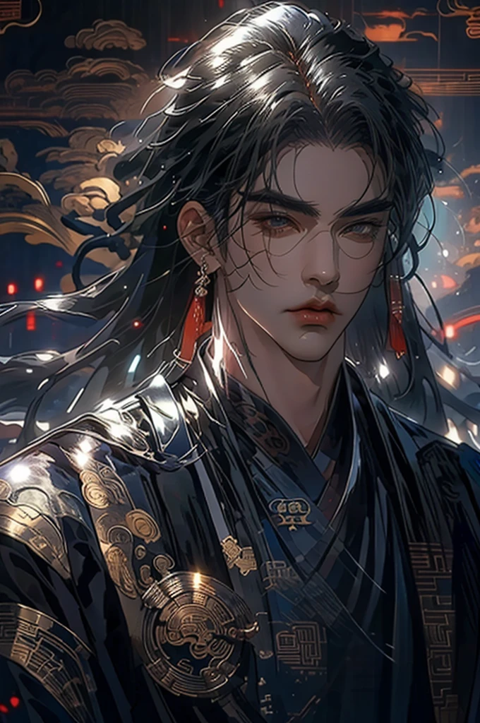 a man in a black robe, young and handsome man, ponytail, long hair, ancient Chinese clothing, qi, a huge saber, ancient Chinese buildings in the background, night, powerful character, purple rays, a beautiful landscape. Detailed face, thick eyebrows, black eyes, 8k, robe embroidered with gold edges, detailed clothing, xianxia, ​​world of cultivation.