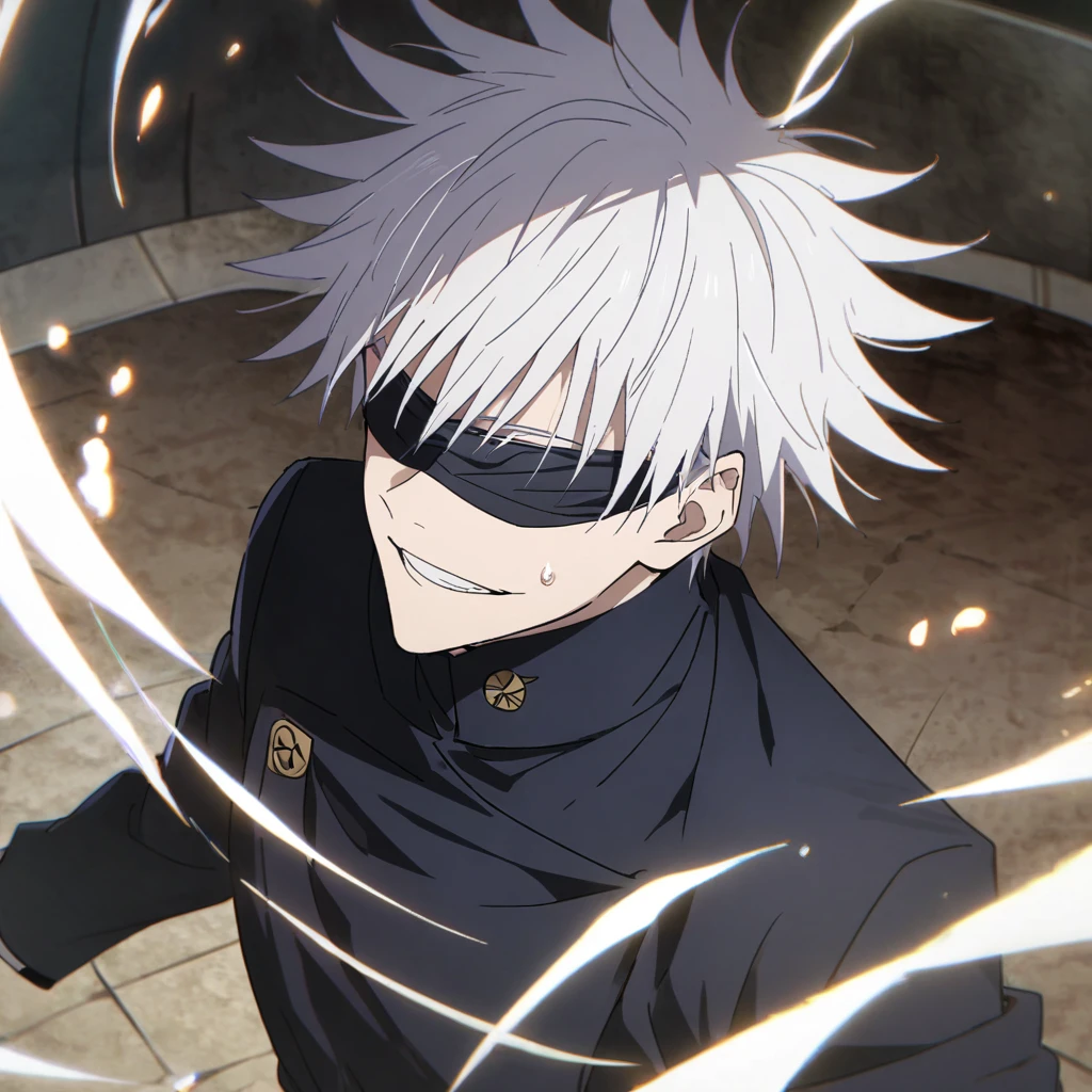 (1 male,satoru gojo,jujutsu kaisen,Gray Hair),(Gojo Satoru Costume Details:Black clothes with a high collar,(Black blindfold)), (Infinite Emptiness)Draw a scene from,Cynical smile,,Gojo is a tall adult male.,A highly likeable male character,Rising pale energy,Ishida Midori Style,I was impressed by Yoshihiro Togashi.,Black, white and blue as main colors,Intricate details,Wind,Impressive illustration work,Decadent,artwork,Perfect Anatomy,Anatomically correct,,Dynamically,nice,wonderful,Dark fantasy,Light and Darkness,Coming this way,(masterpiece:1.3),(highest quality:1.4),(ultra detailed:1.5),High resolution,extremely detailed,unity 8k wallpaper,Close-up shot,xianxia , dark