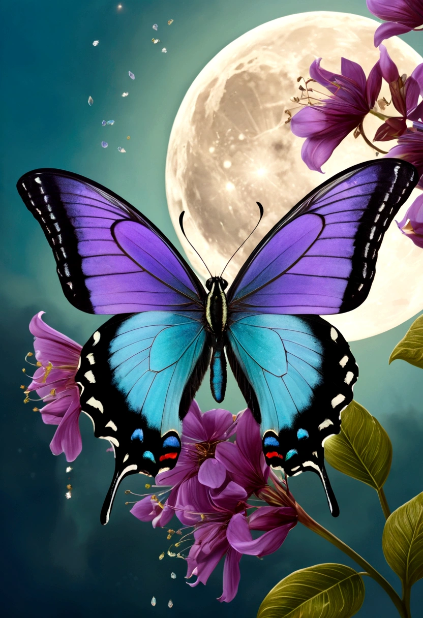 The background is greenblue,moon light,All expressed with jewels, the arrival of spring, various beautiful flower
, Beautiful purple swallowtail butterfly,angles looking up from below, various jewels falling from the sky, wonderful and beautiful superb view, slightly hazy, fantastic, high resolution, 8K, (best quality, highres, realistic:1.37), shiny metallic flowers, intricate and delicate petals, reflective surfaces, vibrant colors, intricate details, close-up view, surreal garden, surreal beauty, dreamy atmosphere, fine art, abstract botanicals, metallic sculpture, contrasting textures, ethereal glow