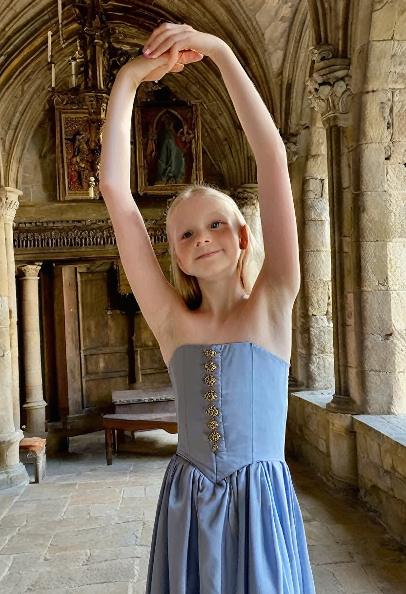 Phone photo, natural look of 9 years old girl, wearing medieval strapless french dress, arms behind head, armpits, natural light,  blue eyes, light blonde hair, arms up, sweaty, at castle main hall, detailed face, detailed armpits, posted at snapchat in 2019, super cute face, half body