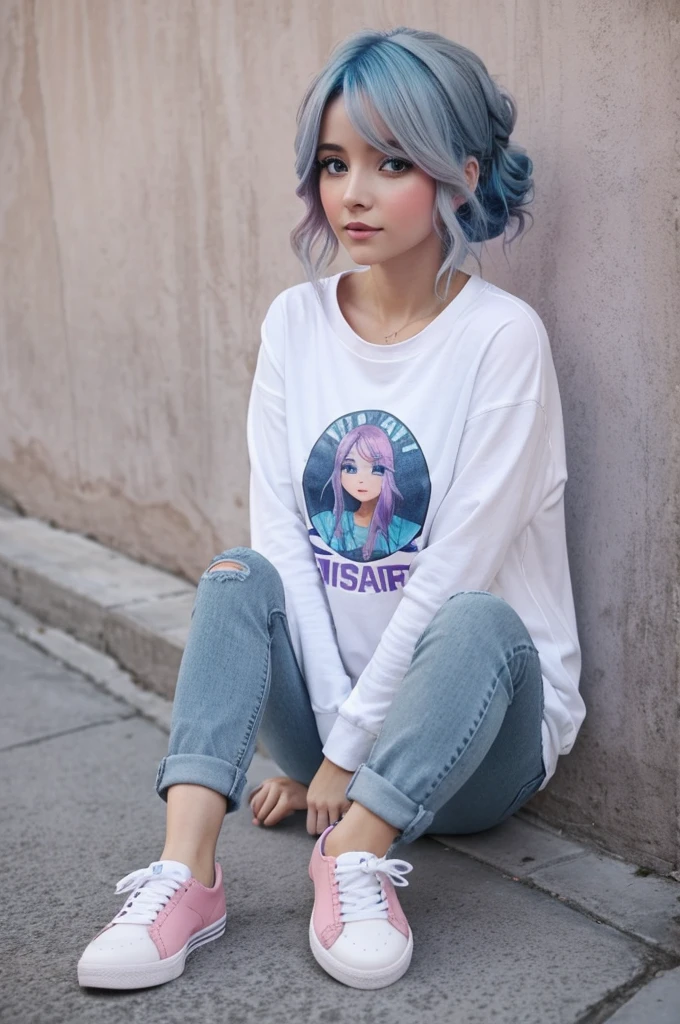 Una chica con pelo azul dos coletas una remera blanca con una cacheta gris con ojos celestes y un jean color rosa y unos zapatos color crema estilo miraculous y con un texto que diga "marinette"