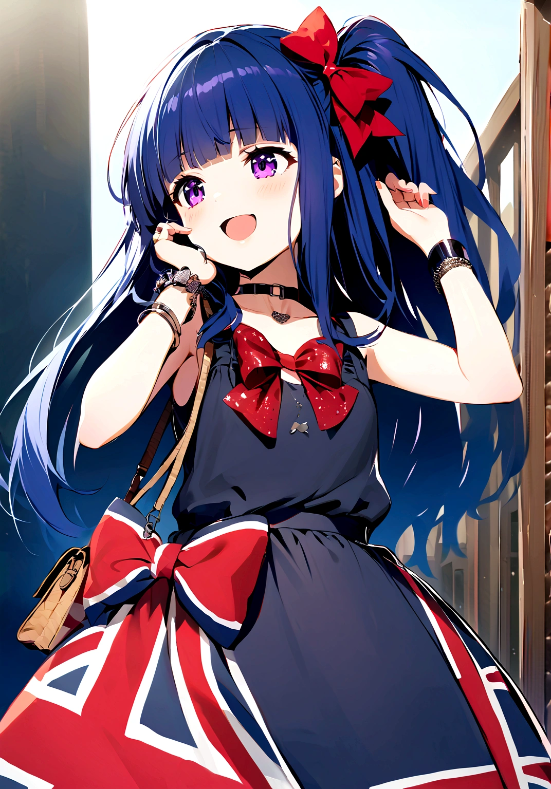 One Girl, alone, Full Out Rika, cute, Blue Hair, Purple eyes, Long Hair, blunt bangs, bangs, 
dress, bow, jewelry, hair bow, choker, bag,  red bow, side ponytail, bracelet, union jack, voice actor