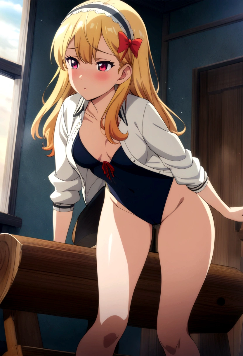 masterpiece, best quality, highres, anime art style, game cg, takarada rikka, rikka1, 1 girl, solo, long hair, bangs, blonde hair, red eyes, bow, ribbon, hair between eyes, jewelry, hair bow, hairband, leotard,wooden horse, ?????? rub