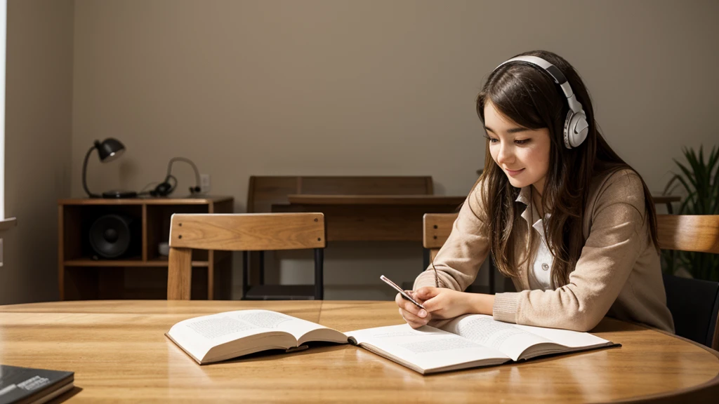 a girl sitting at a table, studying, listening to music