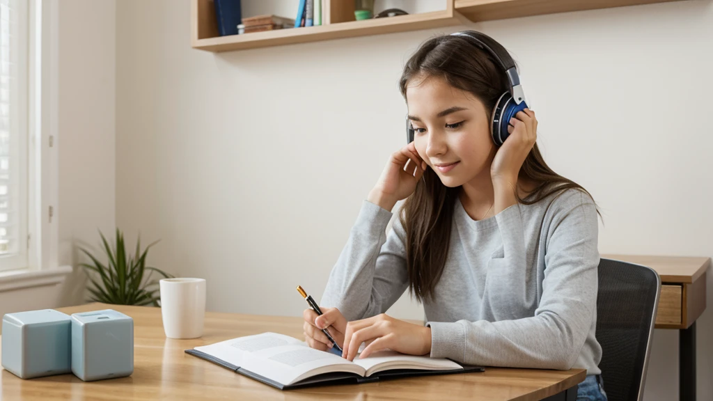 a girl sitting at a table, studying, listening to music
