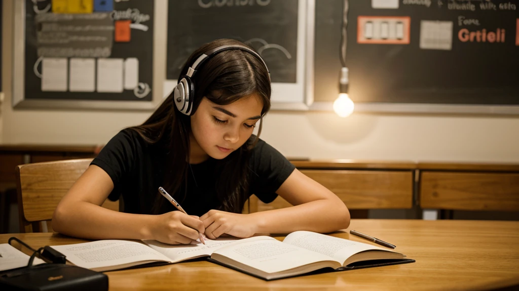 a girl sitting at a table, studying, listening to music